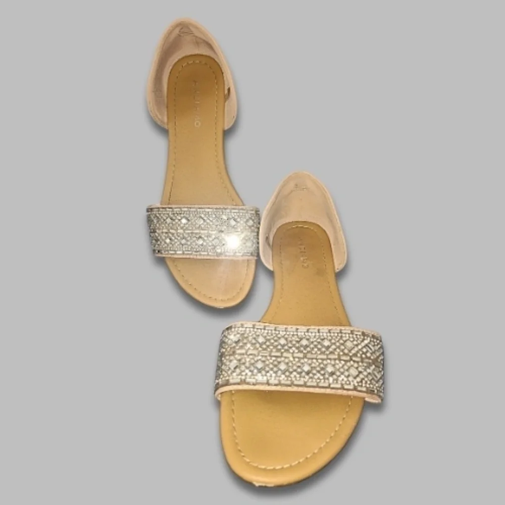 Andiamo Slip-On Flat Sandals Glittering Crystal Cushioned Insole Nude US 10W